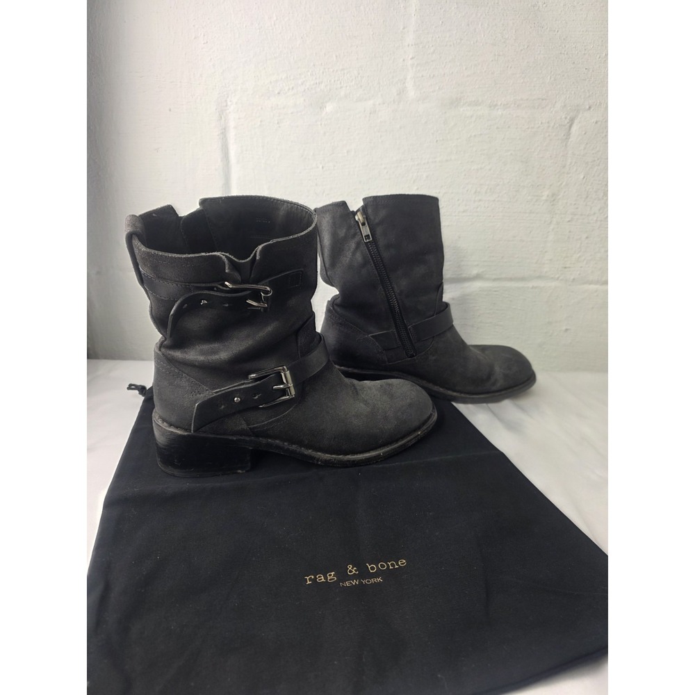 Rag & Bone Black/Gray‎ Andover Suede Moto Biker Boots Sz 8 Us 38 EU Buckle Zip